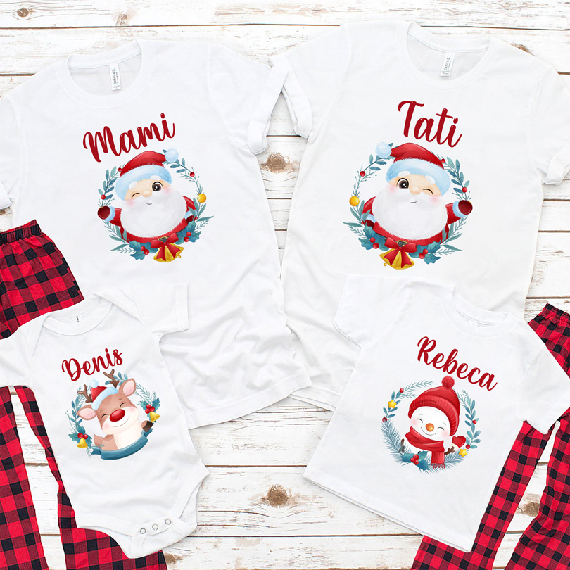Set de tricouri pentru Crăciun, cu Moş Crăciun, Rudolf şi Omul de zăpadă