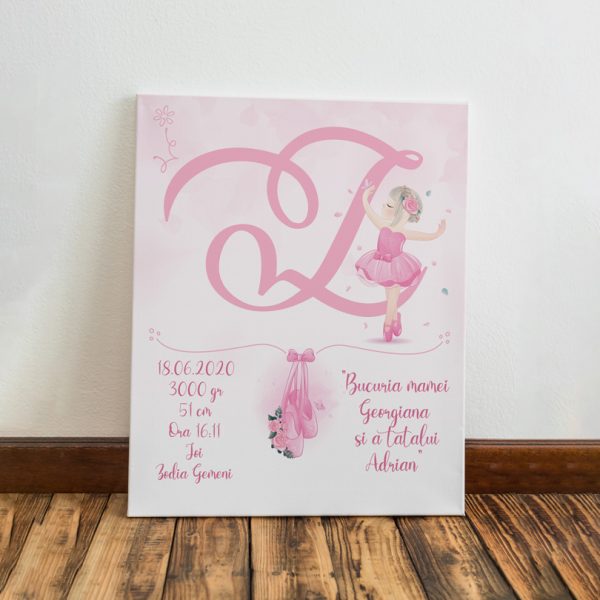 Tablou model balerină, pentru fetiţe, personalizat cu monogramă Tablou model balerină, pentru fetiţe, personalizat cu monogramă