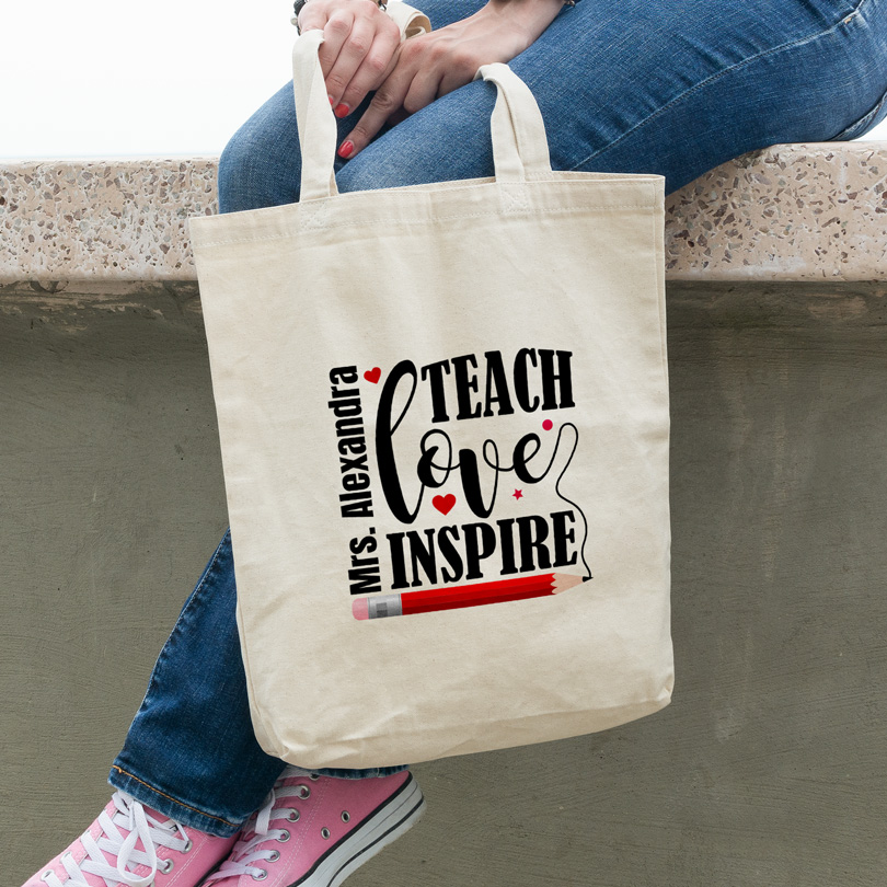 Cadou profesori - Geantă Teach, Love, Inspire personalizată