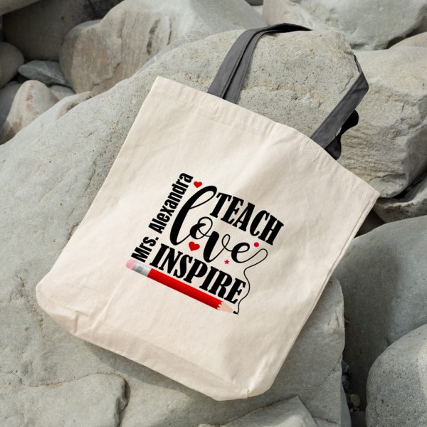 Cadou pentru profesori, geanta Teach, Love, Inspire personalizată cu nume